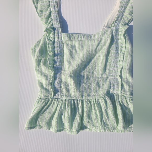 Japna Smocked Crop Top Ruffled Sleeves Mint Green And White Stripes, Sz. LG - Picture 3 of 6